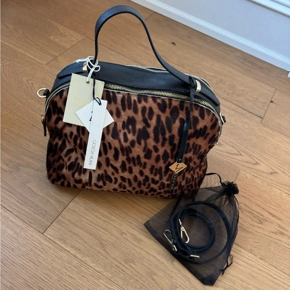 Giorgia Milani Leopard Print Calf Hair & Black Leather Satchel Purse - NWT - Picture 1 of 15
